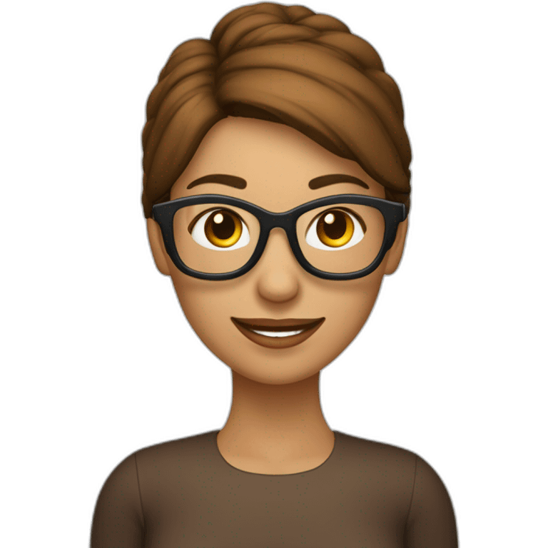 mujer con piel de color blanco con gafas sonriente cabello corto y de color marron con un computador emoji