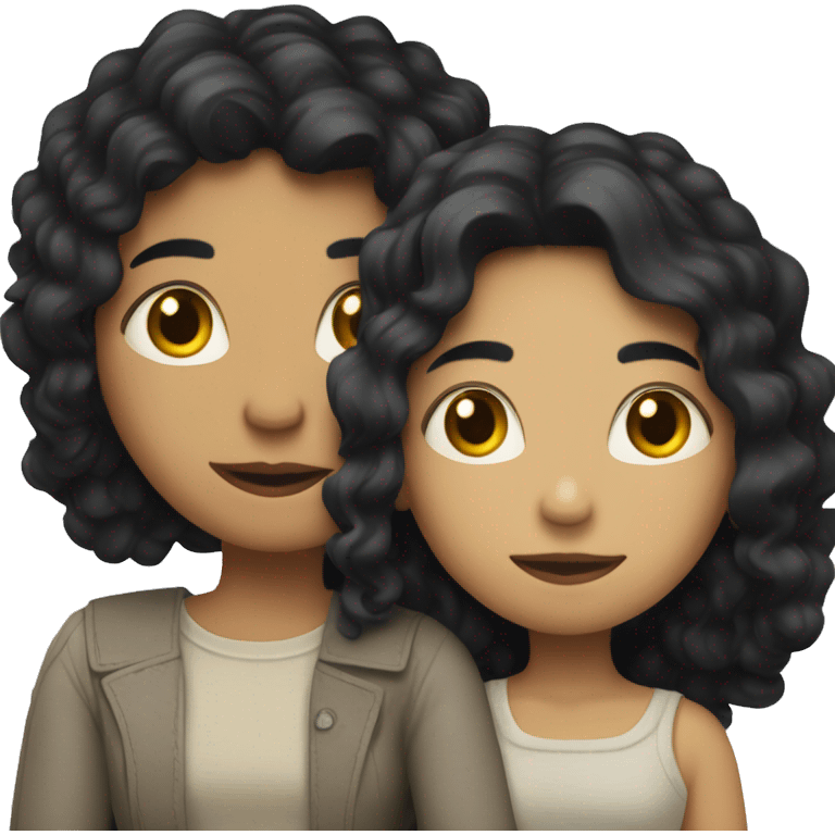 A lesbian couple that both have white skin and long black hair are hugging intimately, and romantically. emoji