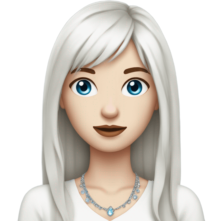 woman with pale skin, blue eyes and long dark red hair with layers and fringe bangs, wearing a white top and silver jewellery emoji