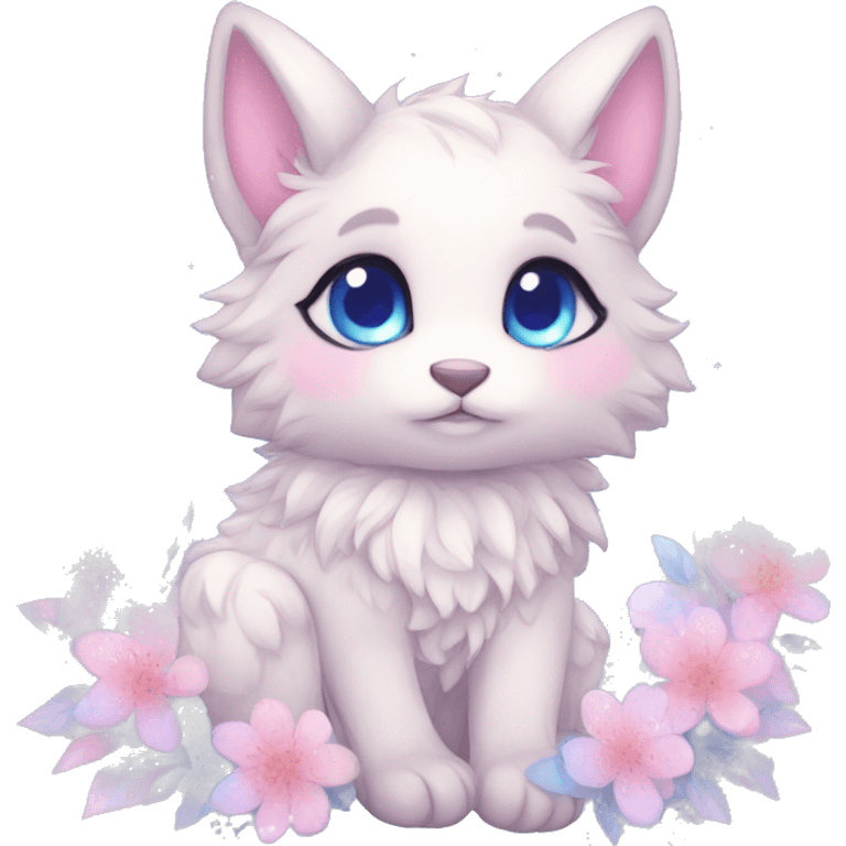 Anthro Cute Cool Blushing Pastel Innocent Shy Kawaii gorgeous sparkly ethereal fantasy animal creature with blue eyes furry sona with flowers and ribbons beautiful aesthetic emoji