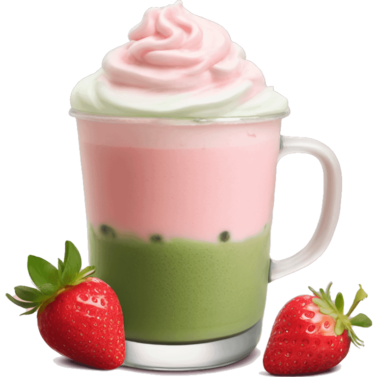 iced matcha latte with strawberry pink whipped cream on top emoji