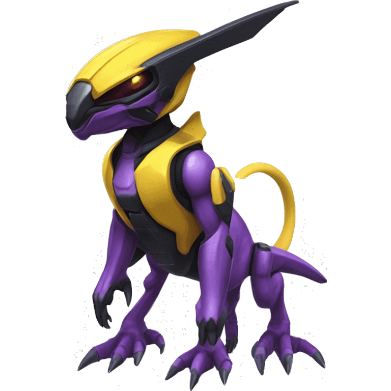 a shiny black-purple-yellow Genesect-Raptor-Fakémon—hybrid with a futuristic visor-helmet full bod emoji