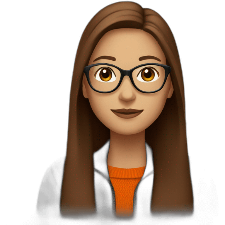 woman with light glasses with long straight brown hair waving wearing a dark orange sweater and black jacket emoji