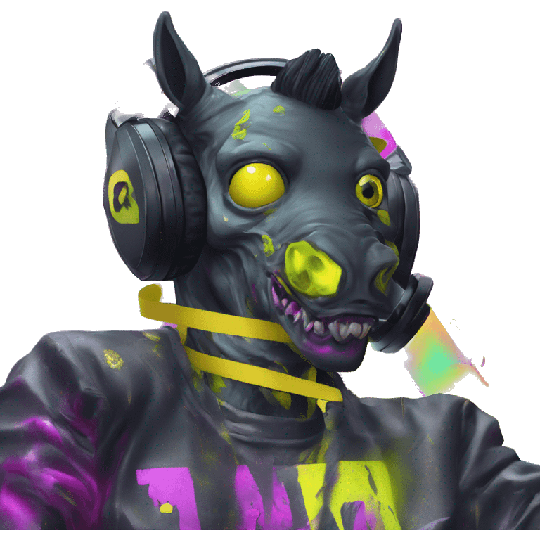 .Zombie_ Vaporwave black holographic oilslick zombie unicorn yellow caution tape holding a vinyl dj graffiti emoji