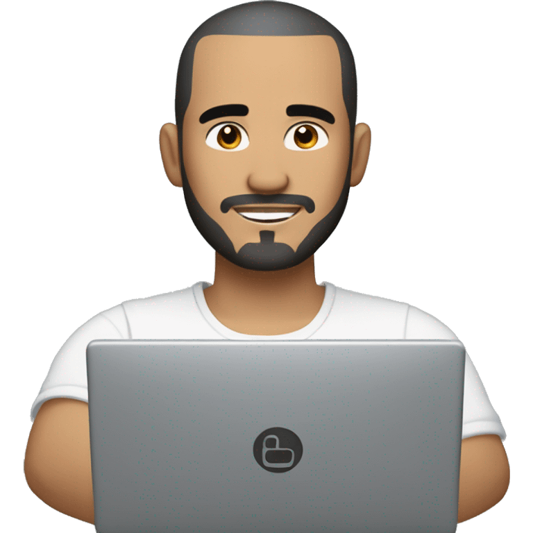 mexican man buzz cut hair with black stubble beard and black eyes in casual clothes, holding dell laptop. emoji