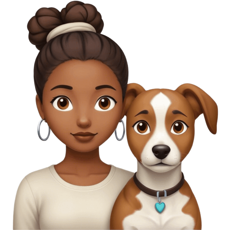 smart, 30 year old, brown African girl, back bun hairstyle, with one big white brown dog emoji