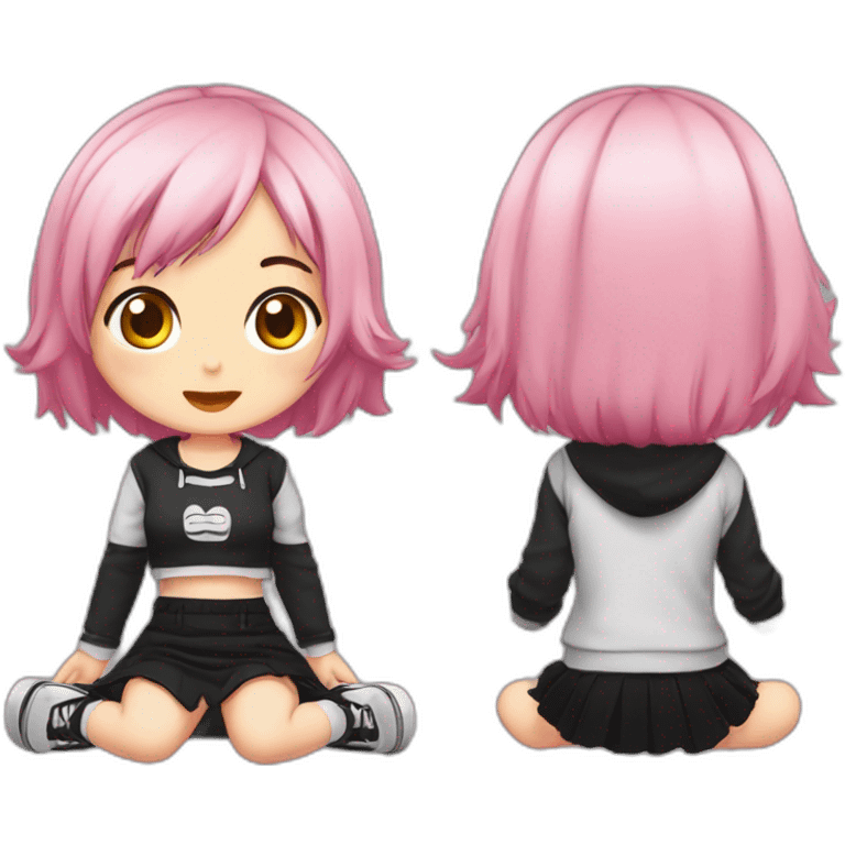 Full body Front view curvy emo girl pink hair sits on the floor straight view hands up black skirt белые трусики полосатые рваные чулки emoji