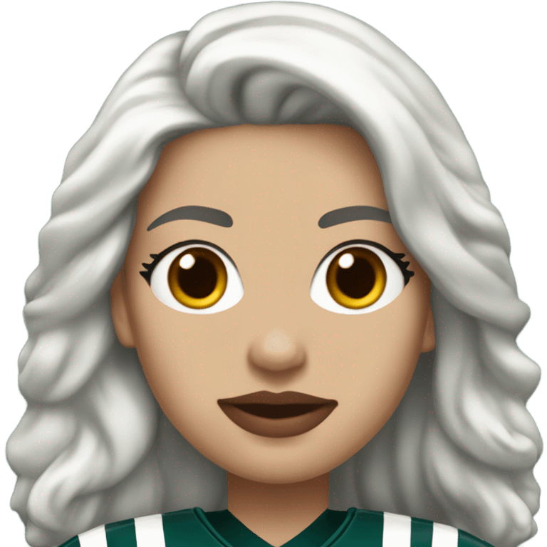 White female long dark hair red lips wearing Philadelphia Eagles jersey emoji