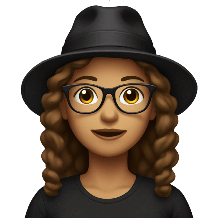 woman with long brown chin, a hat, glasses, black t-shirt emoji