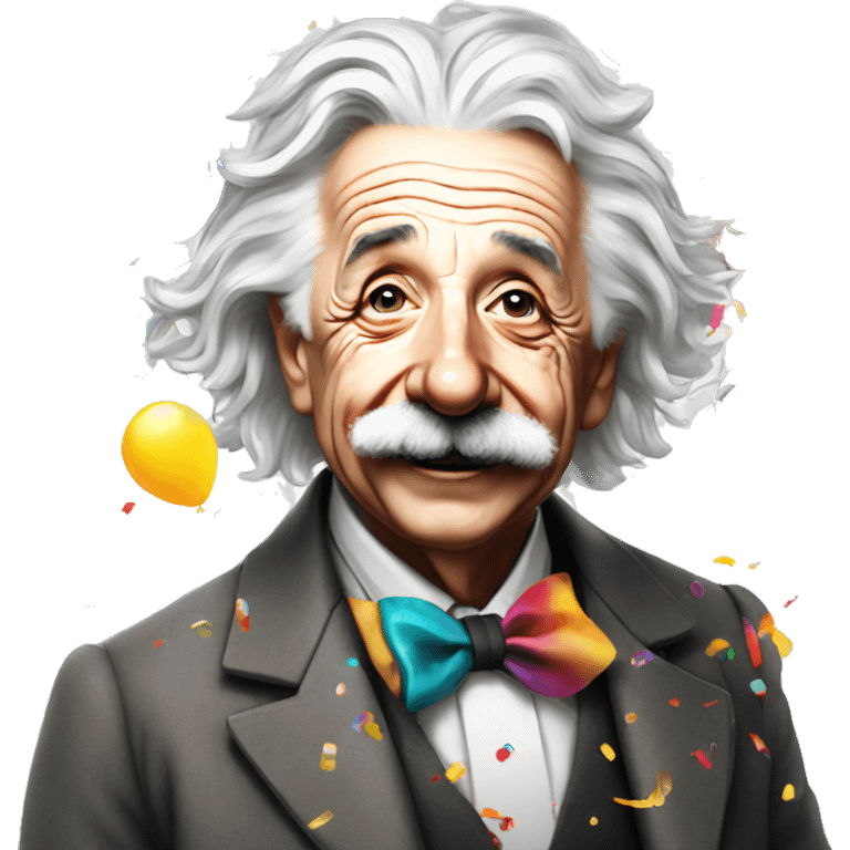 happy albert einstein with colourful confetti and party balloons emoji