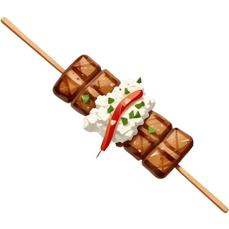 Souvlaki Cinematic Realistic Souvlaki Dish Emoji, depicted as skewered, grilled meat served with a side of crumbled feta cheese, rendered with rich textures and dynamic, appetizing lighting. emoji