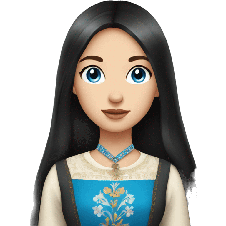 a girl with black straight long hair,blue eyes,standing,very beautiful and hot,Russian,in a folk costume emoji