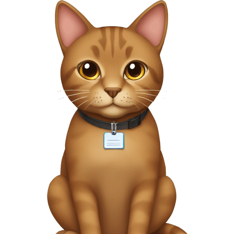 brown cat with a name tag saying avgustina sitting at a desk infront if a laptop emoji