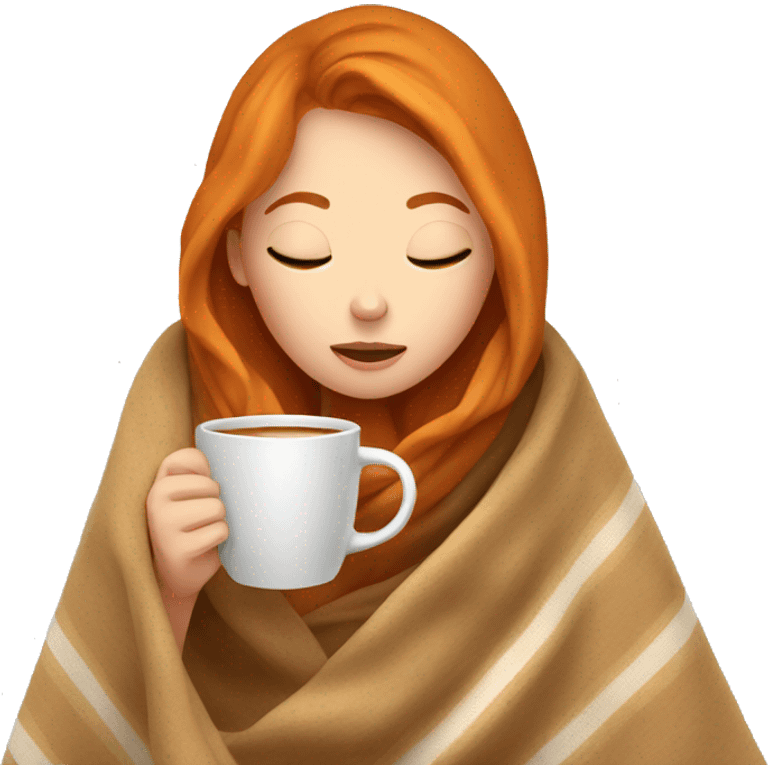 girl with Ginger hair inside a blanket sipping coffee eyes closed emoji