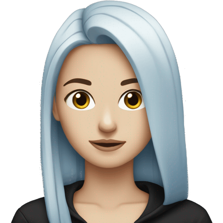 white girl with long straight dark blue hair wearing black hoodie emoji