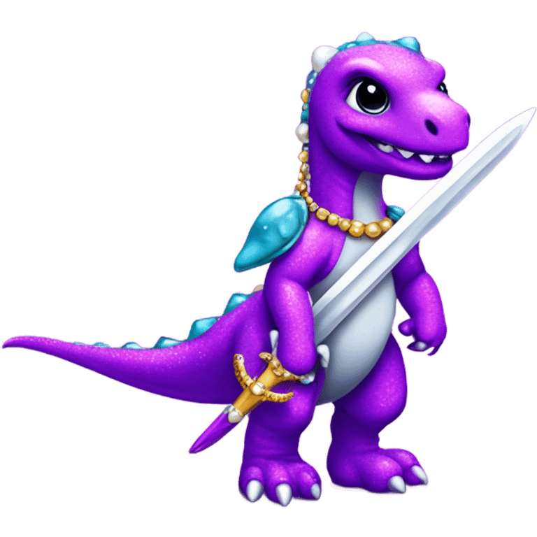 Lisa frank glitter purple cute dinosaur with sword and pearls emoji