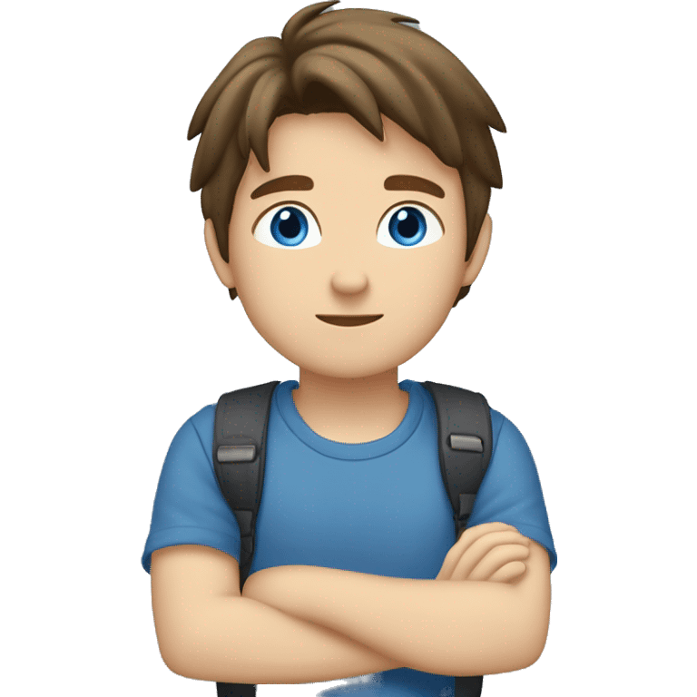 A boy with Brown hair, blue/gray eyes, blue t-shirt with a japaneese flag a jeans pants. Uner the boy i a text that say´s take it easy emoji