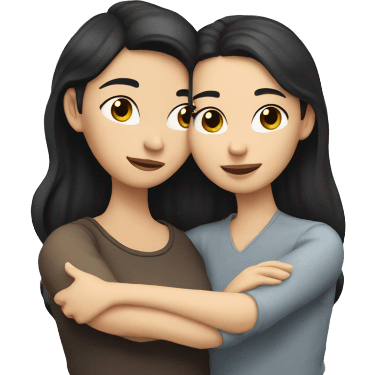 A lesbian couple who both have white skin and long black hair are hugging intimately. emoji