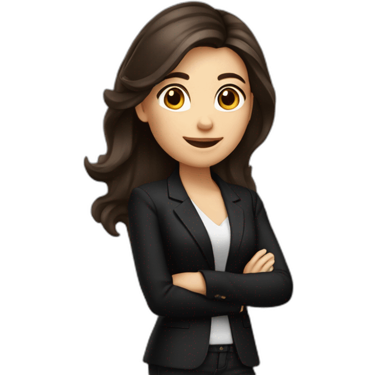 Caucasian Woman with voluminous long dark brown hair, dark brown eyes, pretty smile, dressed with a black blazer. Pointing up emoji