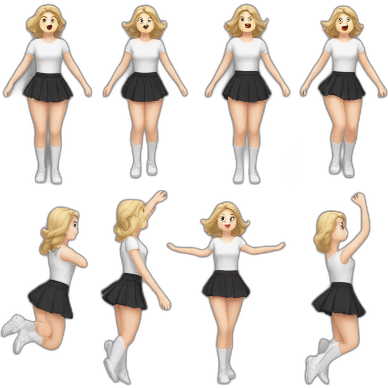 alistic-full-body-caucasian-curvy-beauty-jumping-short black-skirt-back-and-front-views-strong-wind-knickers-long-white-socks emoji