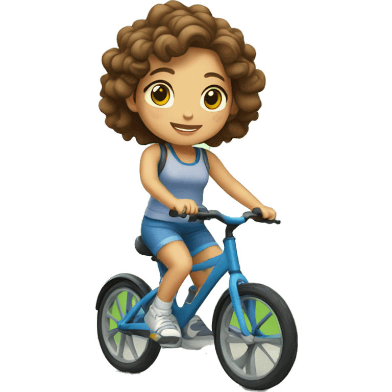 Taiwanese girl with curly brown hair riding bicycle early in the morning with trees in the background emoji