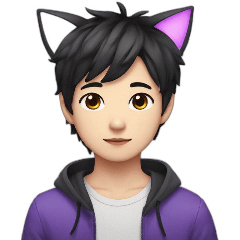 Cute japanese boy with cat ears, black medium hair and purple eyes emoji