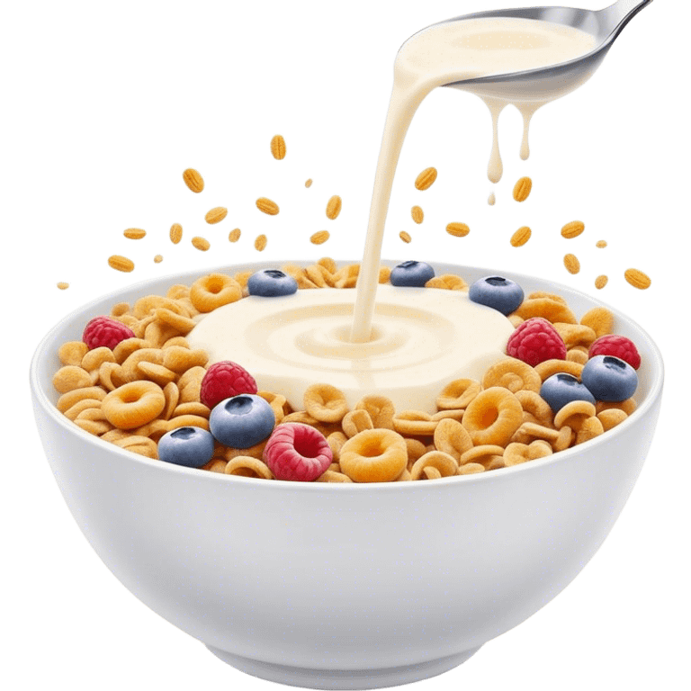 Cinematic crunchy cereal, vibrant and colorful, splashing into a bowl of cold milk, soft glowing background, dynamic movement, playful and inviting, nostalgic and fun. emoji