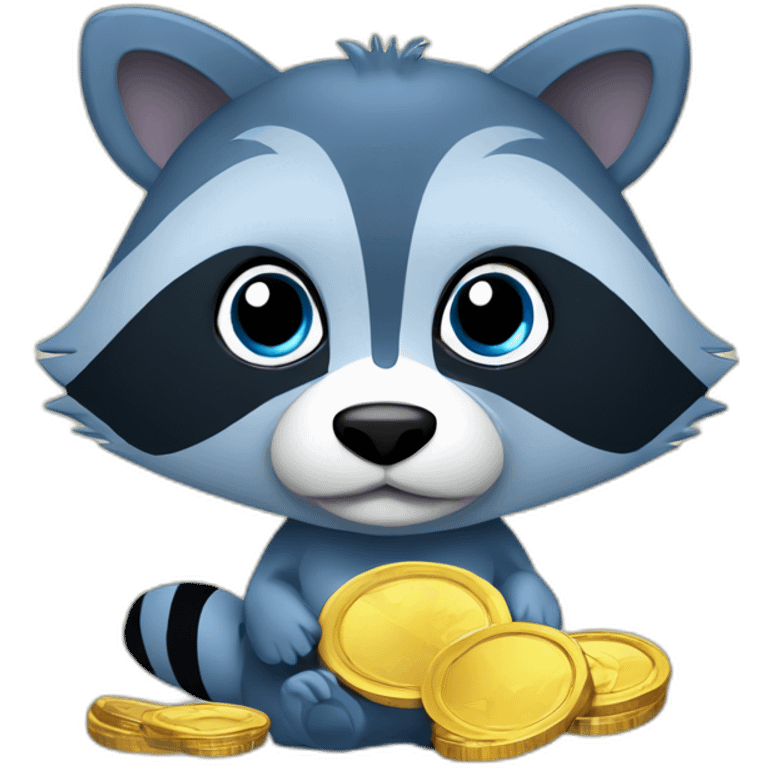 blue racoon with cartoon coins emoji