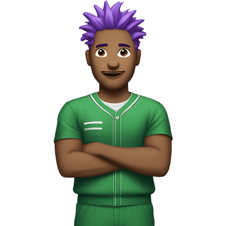 Man with purple hair spiked up in a green jumpsuit with white lines on his arms and the number two hundred and thirty emoji