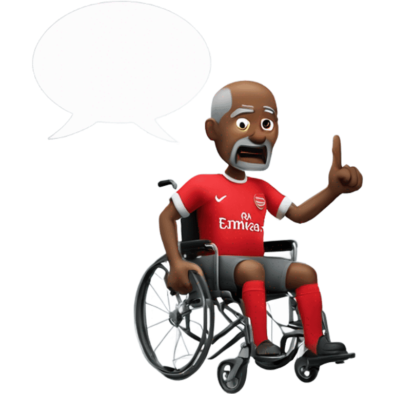 old black bald man with a round belly in wheelchair. angry face. grey stubble. he is pointing finger in front. wearing Arsenal soccer shirt. a speech bubble with the word: "Mojdeh!" emoji