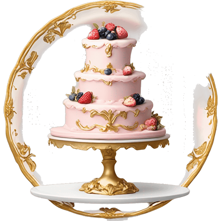 aesthetic vintage rococo cake with white icing, pale pink icing, berries on a gold and white ceramic plate stand  emoji