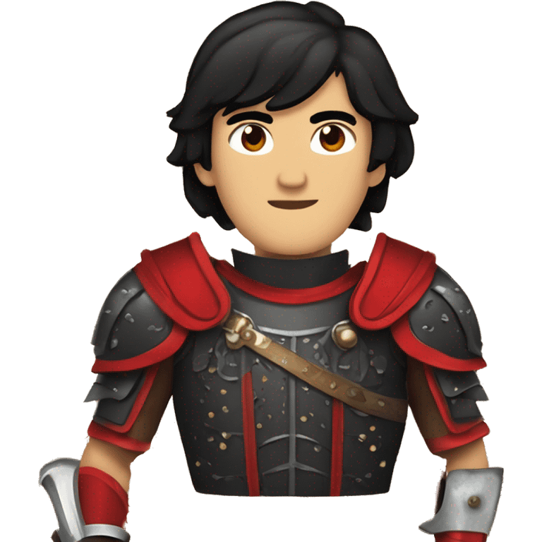 Vintage Tanned man with black hair pointed chin and stern face wearing red and black armour holding sword vintage intricate patterns emoji