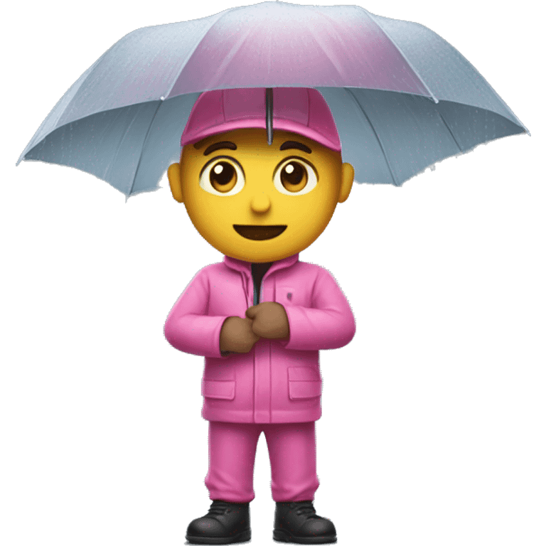 delivery guy in rain with pink clothes emoji