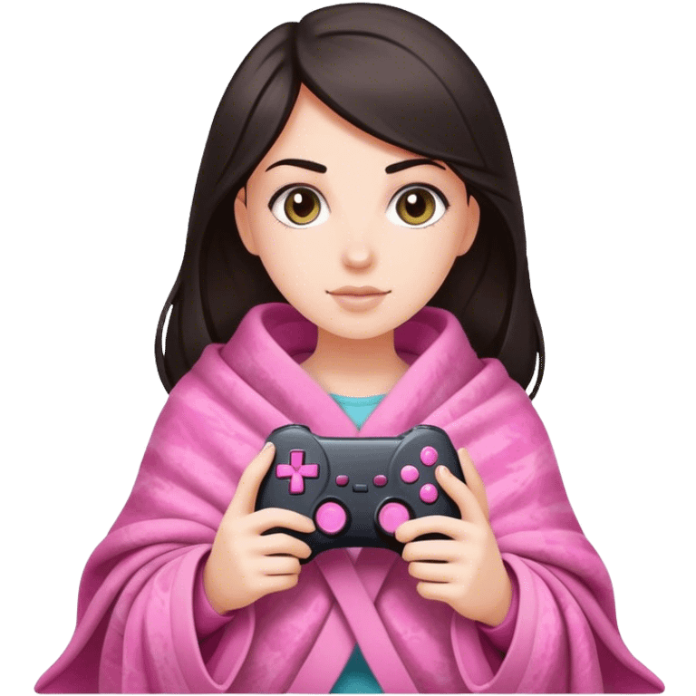 White girl with dark hair wrapped up in a blanket with a pink gaming controller in her hands emoji