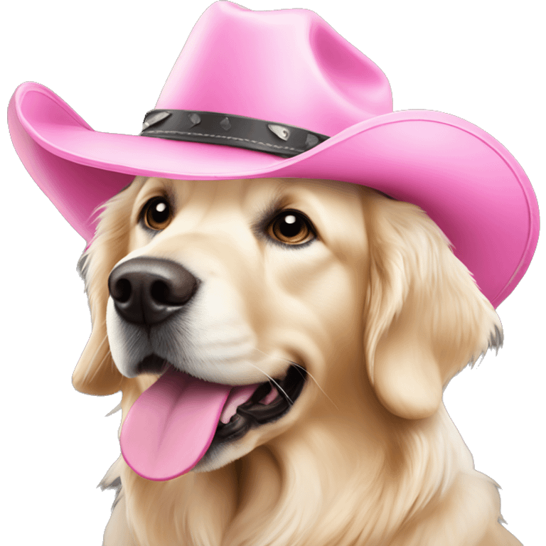 White golden retriever wearing pink cowboy hat emoji