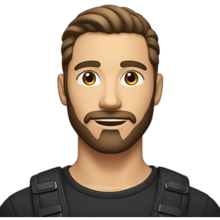 White man with slight sun kissed tan, dark brown eyes and undercut fade hairstyle. He has beard stubble and mustache trimmed. Black clothing, hair styled sideways backwards. emoji