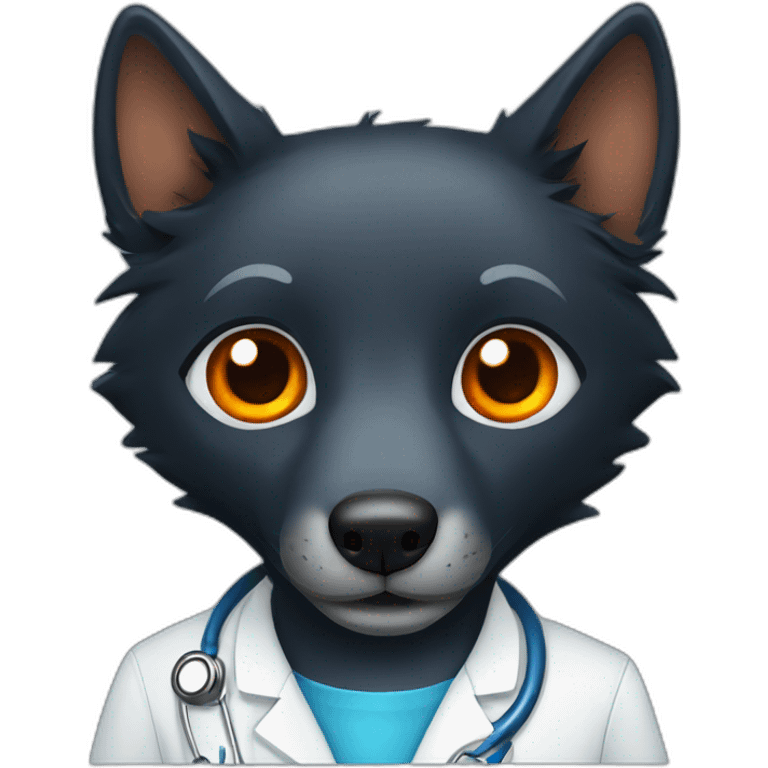 Black wolf with orange eyes wearing a blue doctor scrub emoji