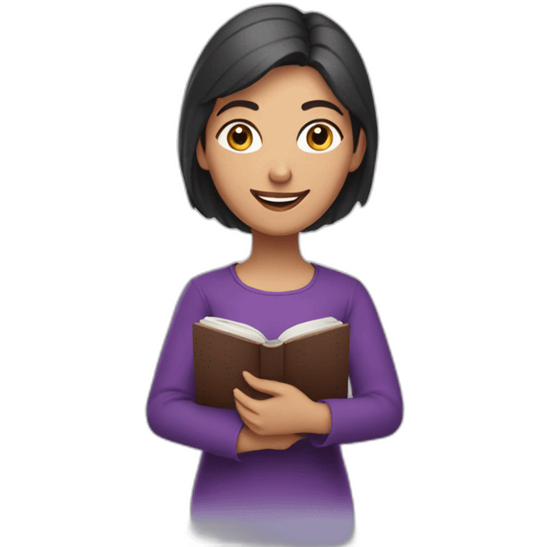 Armenian women with the purple clothes reading book and looking at camera and smiling  emoji