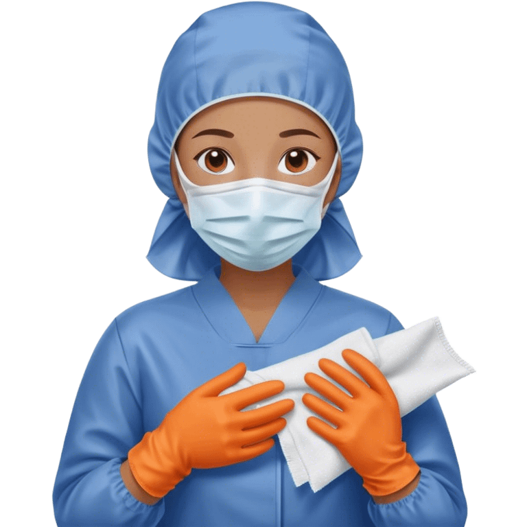 A meticulous cleanroom worker dressed in full protective gear, including a blue sterile suit, a face mask,  and orange gloves.  wipe  in her hand. emoji