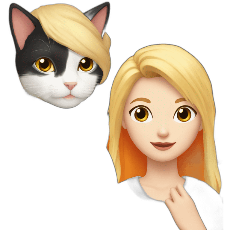 black and white cat with orange cat next to blonde-haired girl emoji