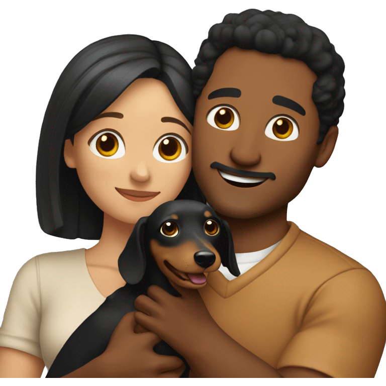 A man with black hair and a blonde woman are hugging, and in their hands they have a brown dachshund emoji