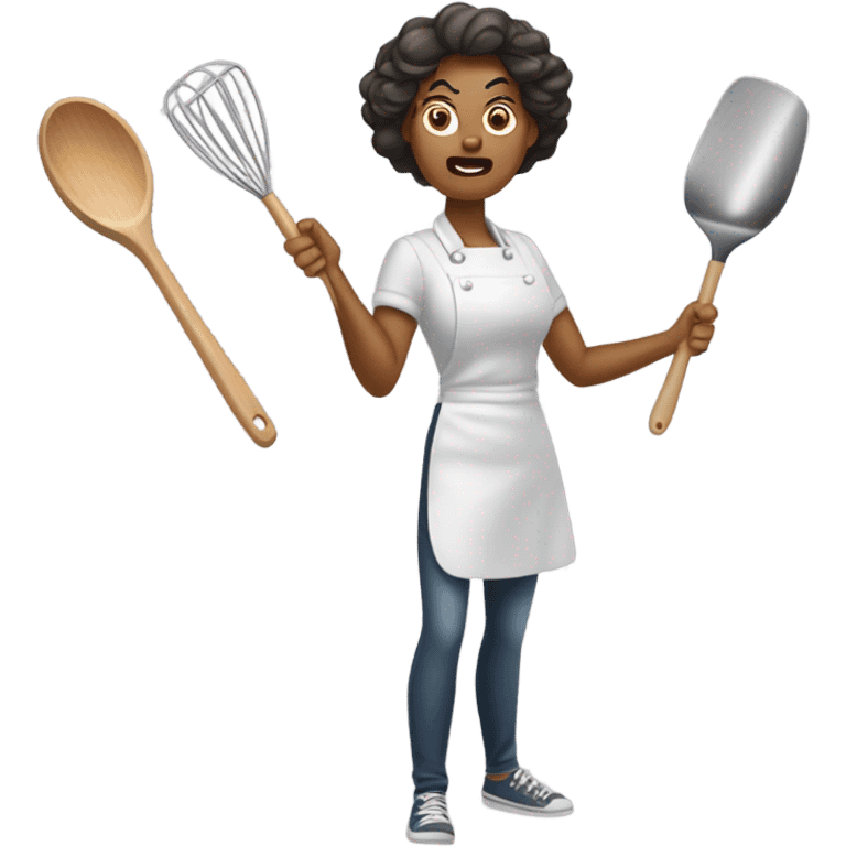 woman with angry face throwing kitchen utensils emoji