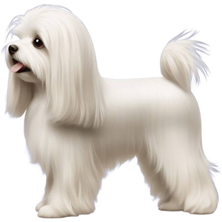 Side view of Havanese with long hair all the way down to the dogs feet at a dog show  emoji