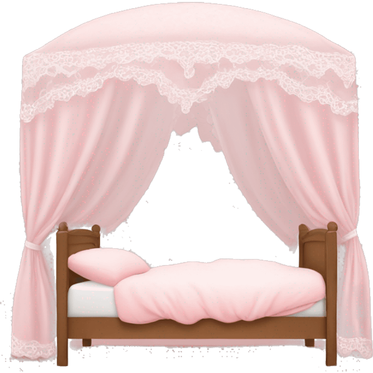 girl sleeping in light pink bed with white lace curtains canopy around it emoji