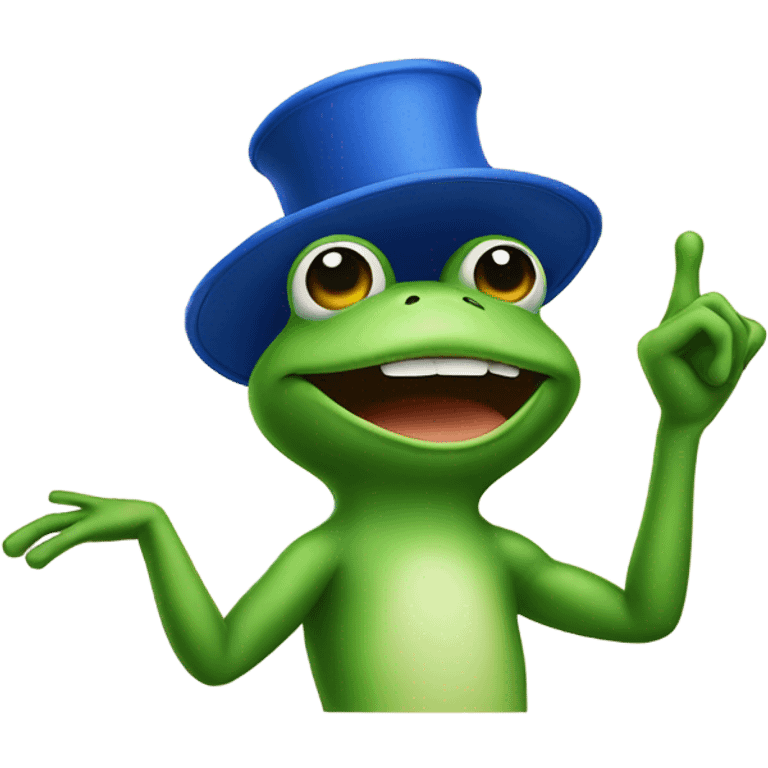 Create a frog with a blue hat, pointing finger to the sky emoji