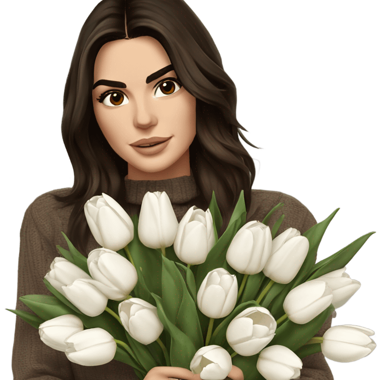 brunette Kendall Jenner with soft and long and brown hair her eyes brown and Holding a bouquet of white tulips Her hair is wavy and shiny With brown sweater just one  emoji