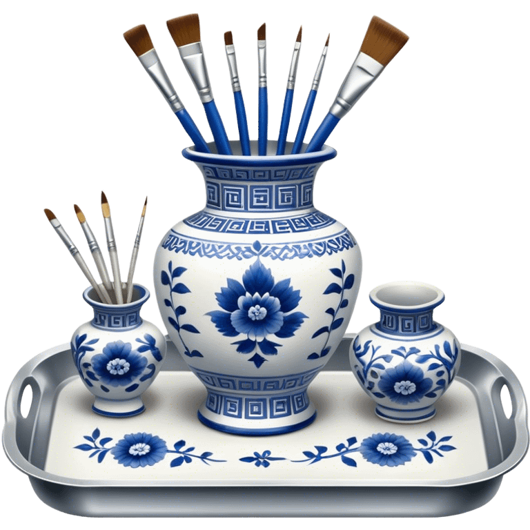 Metal painting icon, a metal vase with intricate designs in Gzhel and Chinese embroidery styles, placed on a metal tray, 3 paintbrushes beside it, minimalistic style, clean lines, transparent background. emoji