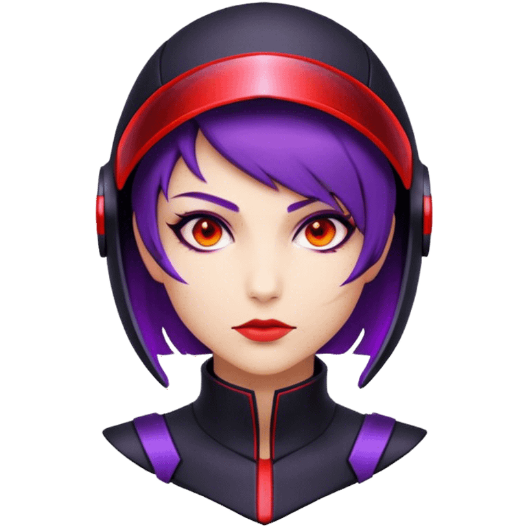 A futuristic assassin with a sleek black suit, short purple hair, and glowing red visor emoji