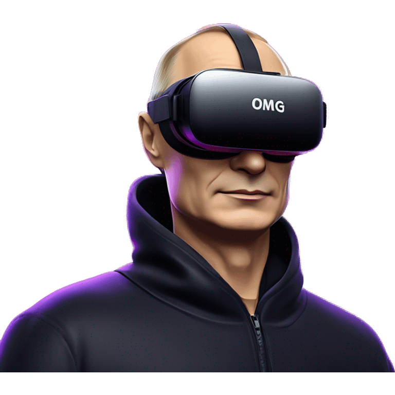 Vladimir Putin wearing a black hoodie with "OMG" letters on it and VR headset oculus quest 2 in a cyberpunk VR environment with violet neon lighting. emoji