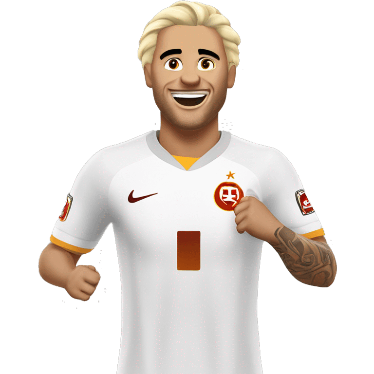 Mauro İcardi is playing for Galatasaray, he has blonde hair, light skin and tattoos. He brings his hands to his ears, celebrates a goal and laughs. emoji